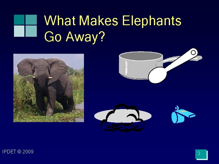 What Makes Elephants Go Away? IPDET © 2009 3 