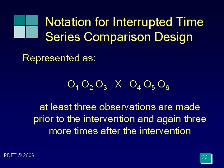 Notation for Interrupted Time Series Comparison Design Represented as: O 1 O 2 O