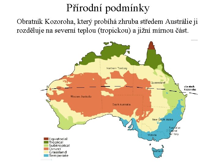 Přírodní podmínky Obratník Kozoroha, který probíhá zhruba středem Austrálie ji rozděluje na severní teplou