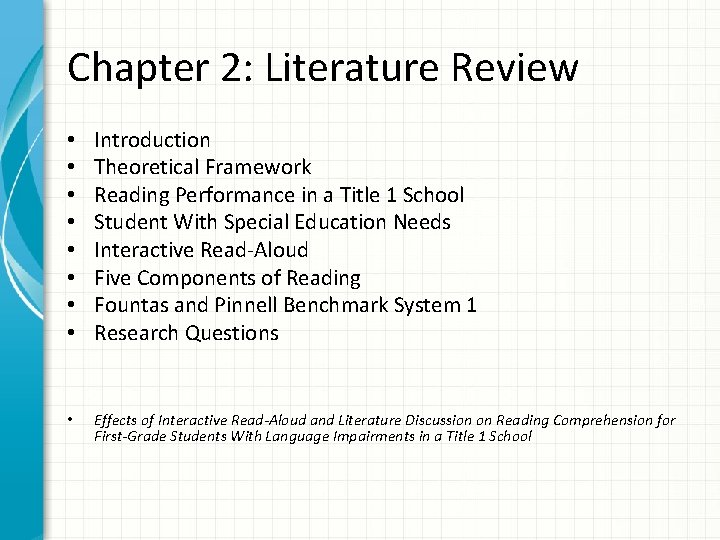 Chapter 2: Literature Review • • Introduction Theoretical Framework Reading Performance in a Title