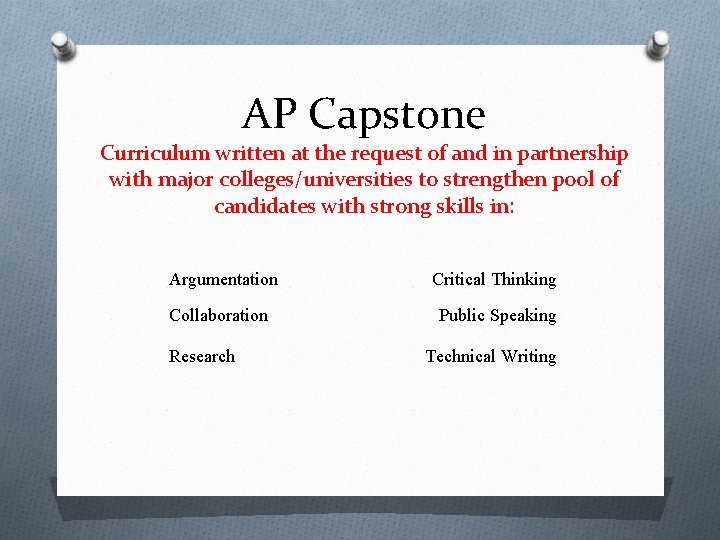 AP Capstone Curriculum written at the request of and in partnership with major colleges/universities