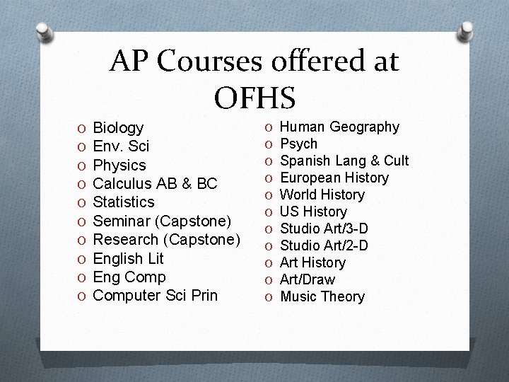 AP Courses offered at OFHS O O O O O Biology Env. Sci Physics