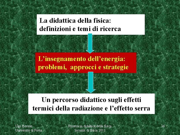 La didattica della fisica: definizioni e temi di ricerca L’insegnamento dell’energia: problemi, approcci e