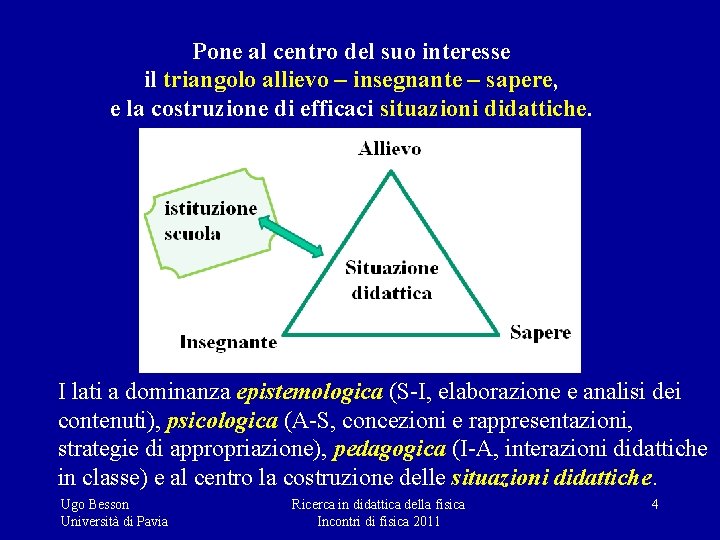 Pone al centro del suo interesse il triangolo allievo – insegnante – sapere, e