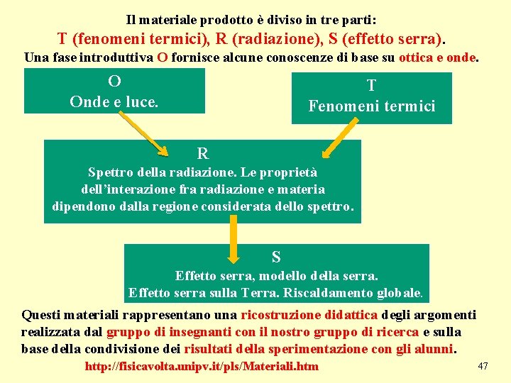 Il materiale prodotto è diviso in tre parti: T (fenomeni termici), R (radiazione), S