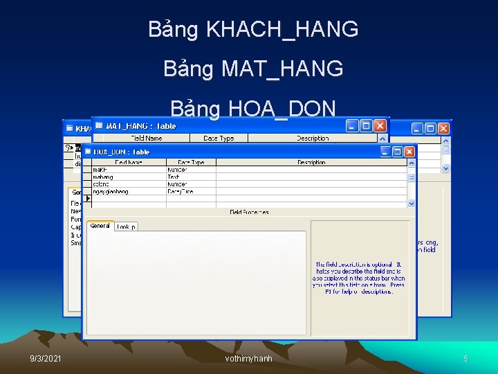 Bảng KHACH_HANG Bảng MAT_HANG Bảng HOA_DON 9/3/2021 vothimyhanh 5 