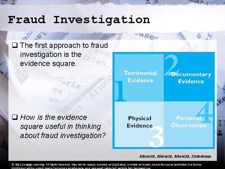 Fraud Investigation q The first approach to fraud investigation is the evidence square. q
