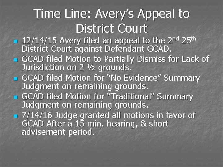 Time Line: Avery’s Appeal to District Court n n n 12/14/15 Avery filed an