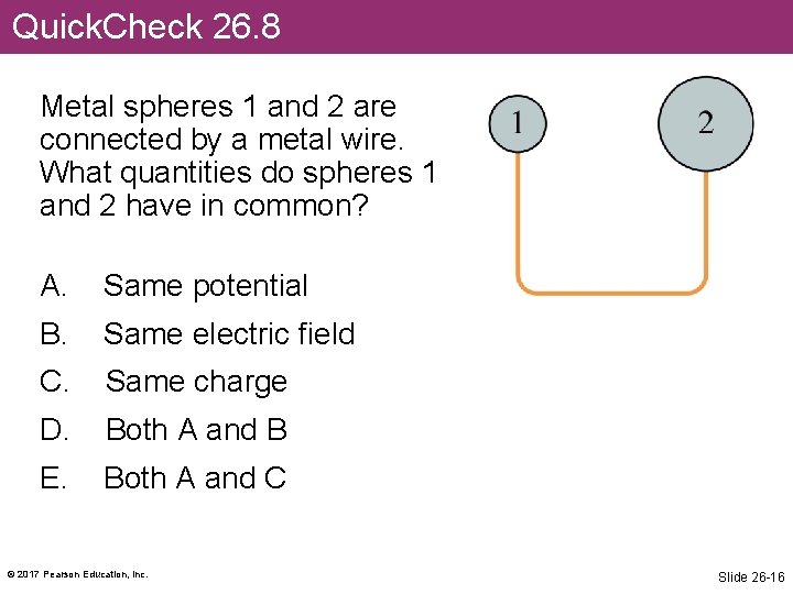 Quick. Check 26. 8 Metal spheres 1 and 2 are connected by a metal