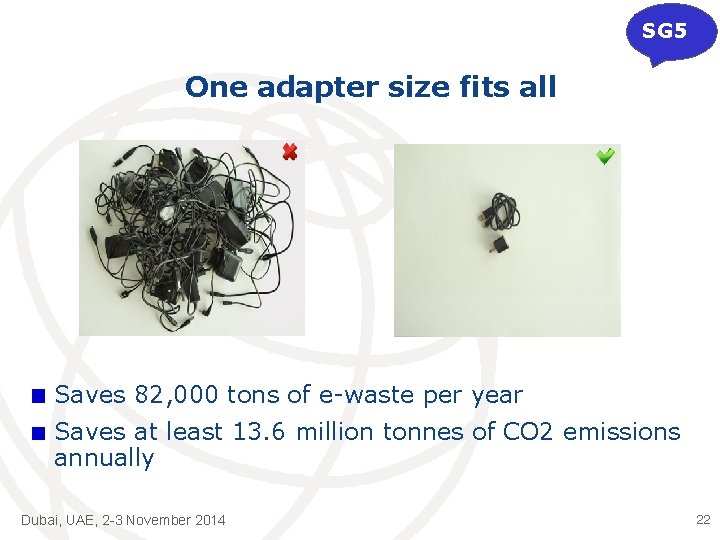 SG 5 One adapter size fits all Saves 82, 000 tons of e-waste per