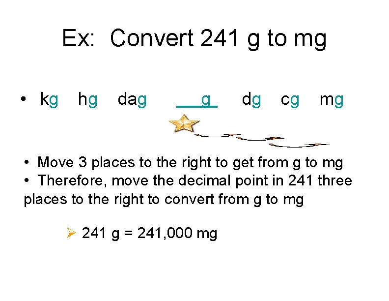 Ex: Convert 241 g to mg • kg hg dag g dg cg mg