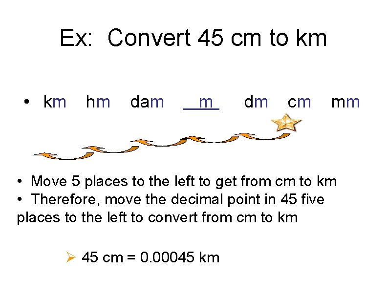 Ex: Convert 45 cm to km • km hm dam m dm cm mm