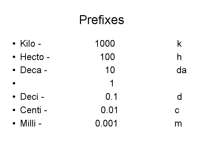 Prefixes • • Kilo Hecto Deca Deci Centi Milli - 1000 10 1 0.