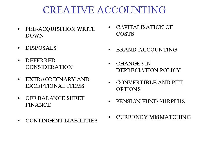 CREATIVE ACCOUNTING • PRE-ACQUISITION WRITE DOWN • CAPITALISATION OF COSTS • DISPOSALS • BRAND