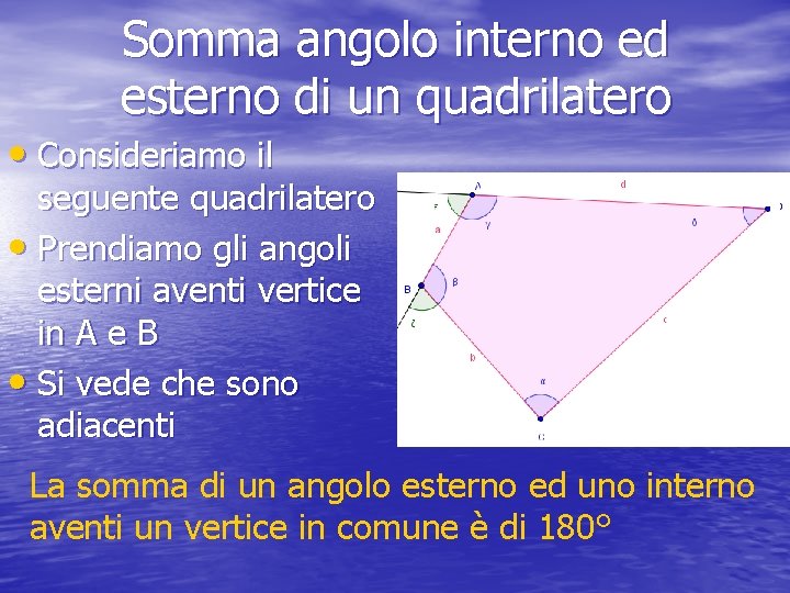 Somma angolo interno ed esterno di un quadrilatero • Consideriamo il seguente quadrilatero •