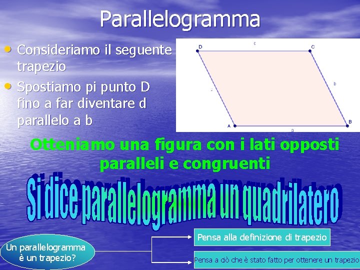 Parallelogramma • Consideriamo il seguente • trapezio Spostiamo pi punto D fino a far