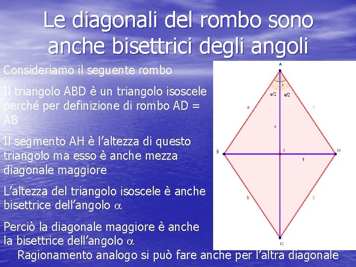 Le diagonali del rombo sono anche bisettrici degli angoli Consideriamo il seguente rombo Il