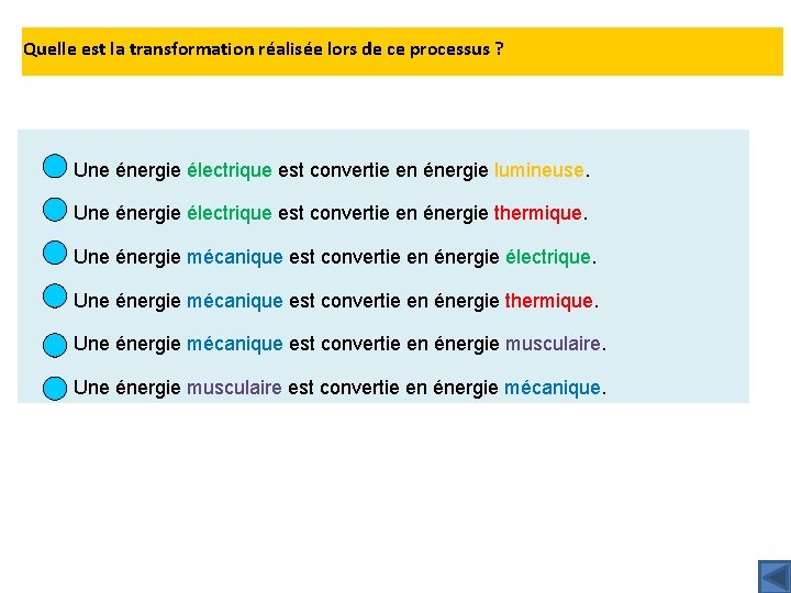 Quelle est la transformation réalisée lors de ce processus ? Une énergie électrique est