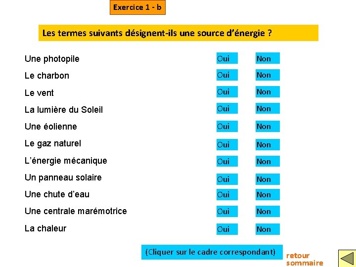 Exercice 1 - b Les termes suivants désignent-ils une source d’énergie ? Une photopile