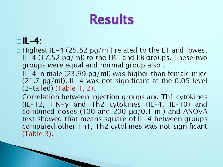 Results � IL-4: Highest IL-4 (25. 52 pg/ml) related to the LT and lowest