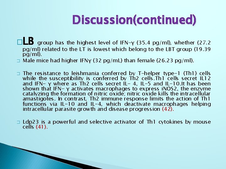 Discussion(continued) �LB � � � group has the highest level of IFN-γ (35. 4