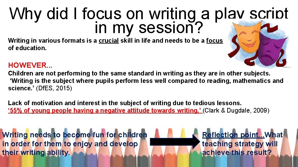 Why did I focus on writing a play script in my session? Writing in