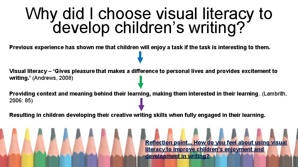 Why did I choose visual literacy to develop children’s writing? Previous experience has shown