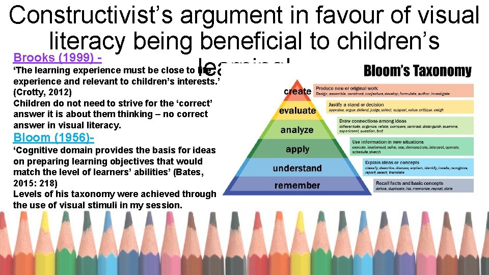 Constructivist’s argument in favour of visual literacy being beneficial to children’s Brooks (1999) learning!
