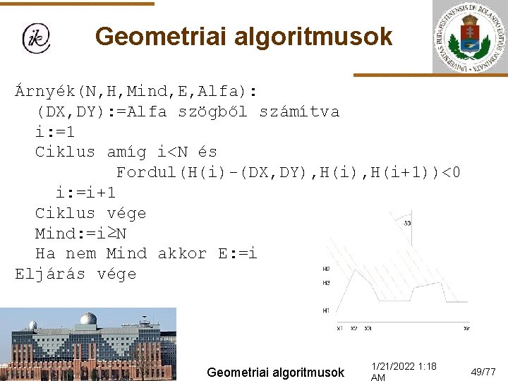 Geometriai algoritmusok Árnyék(N, H, Mind, E, Alfa): (DX, DY): =Alfa szögből számítva i: =1