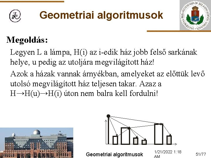 Geometriai algoritmusok Megoldás: Legyen L a lámpa, H(i) az i-edik ház jobb felső sarkának