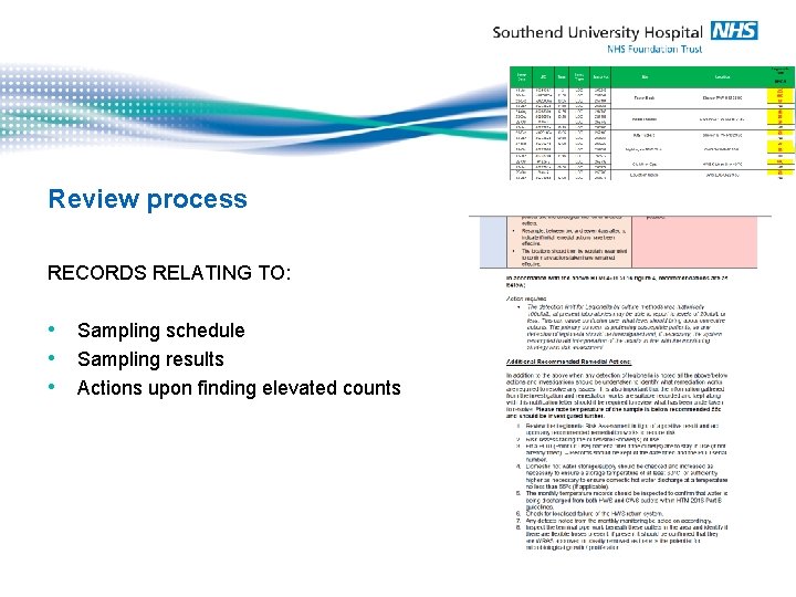 Review process RECORDS RELATING TO: • Sampling schedule • Sampling results • Actions upon