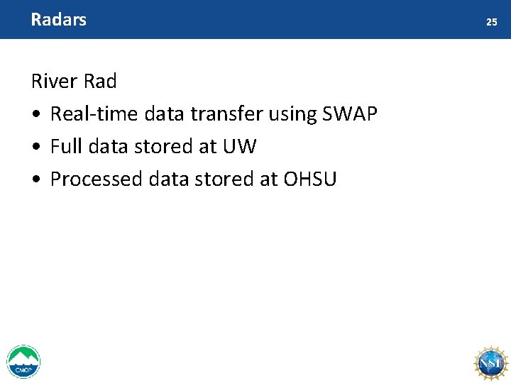 Radars River Rad • Real-time data transfer using SWAP • Full data stored at