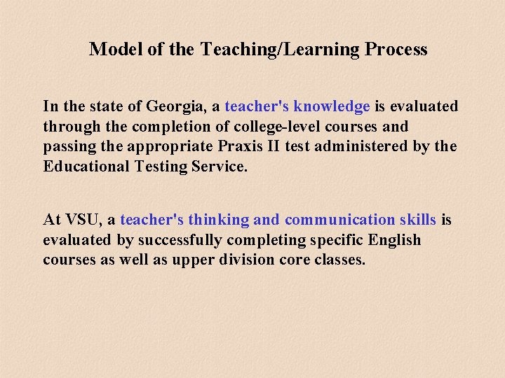 Model of the Teaching/Learning Process In the state of Georgia, a teacher's knowledge is Model of the Teaching/Learning Process In the state of Georgia, a teacher's knowledge is