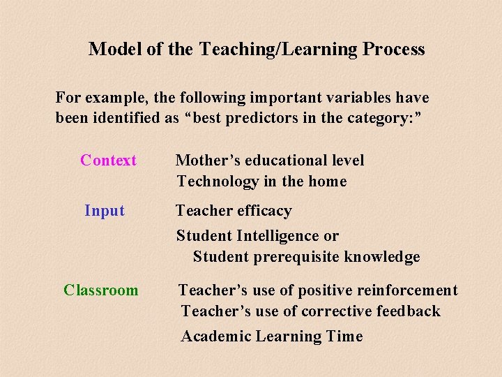 Model of the Teaching/Learning Process For example, the following important variables have been identified Model of the Teaching/Learning Process For example, the following important variables have been identified