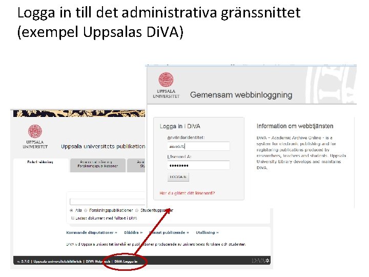 Logga in till det administrativa gränssnittet (exempel Uppsalas Di. VA) 