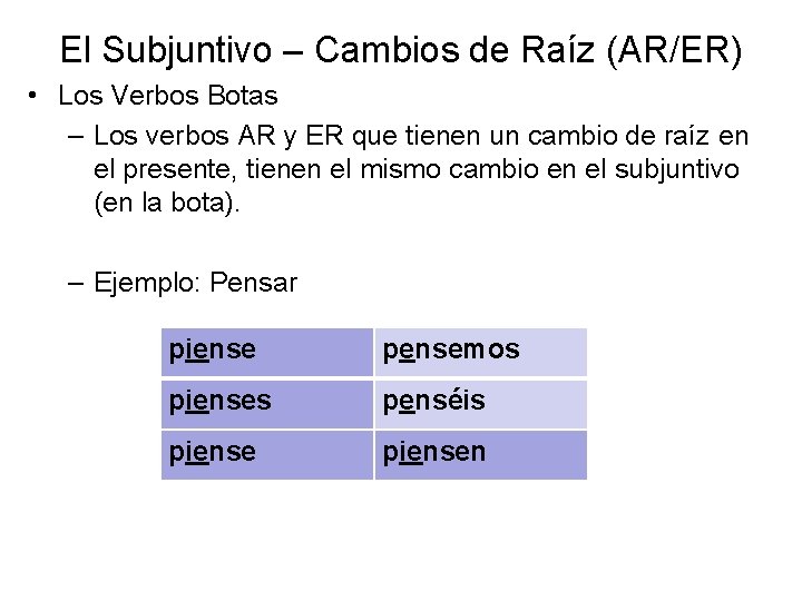 El Subjuntivo – Cambios de Raíz (AR/ER) • Los Verbos Botas – Los verbos