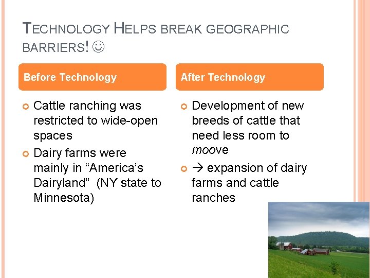 TECHNOLOGY HELPS BREAK GEOGRAPHIC BARRIERS! Before Technology After Technology Cattle ranching was restricted to
