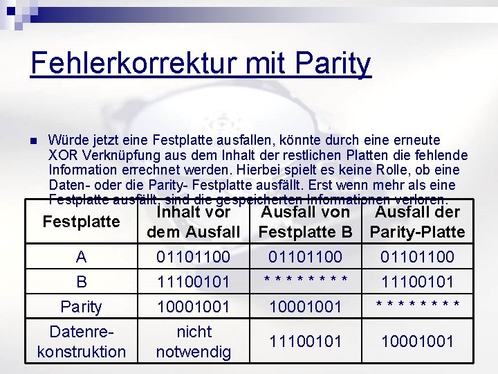 Fehlerkorrektur mit Parity n Würde jetzt eine Festplatte ausfallen, könnte durch eine erneute XOR