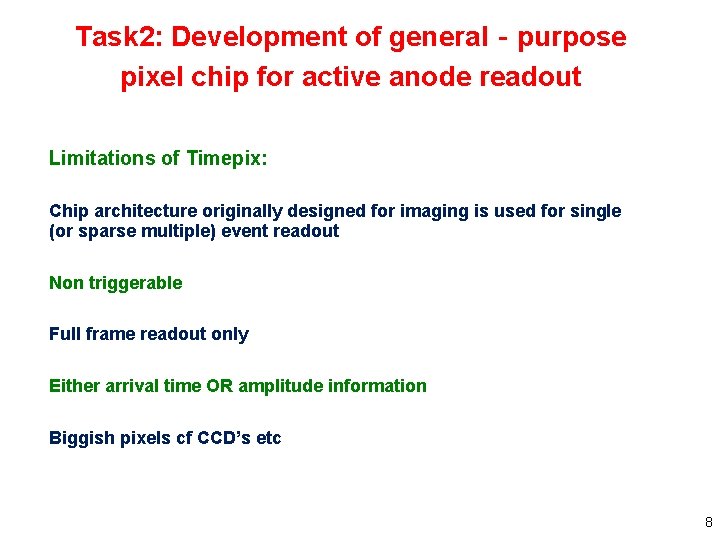 Task 2: Development of general‐purpose pixel chip for active anode readout Limitations of Timepix: