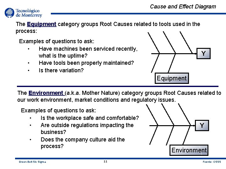 Cause and Effect Diagram The Equipment category groups Root Causes related to tools used