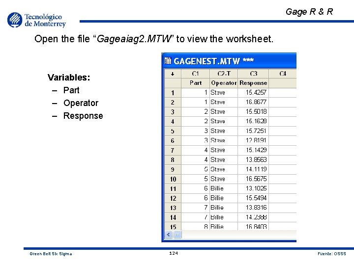Gage R & R Open the file “Gageaiag 2. MTW” to view the worksheet.