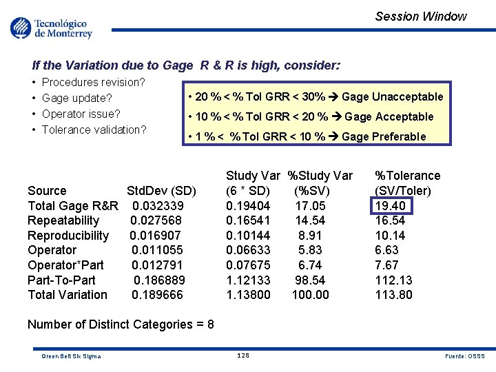 Session Window If the Variation due to Gage R & R is high, consider: