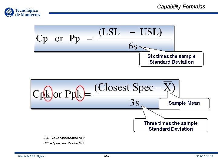 Capability Formulas Six times the sample Standard Deviation Sample Mean Three times the sample