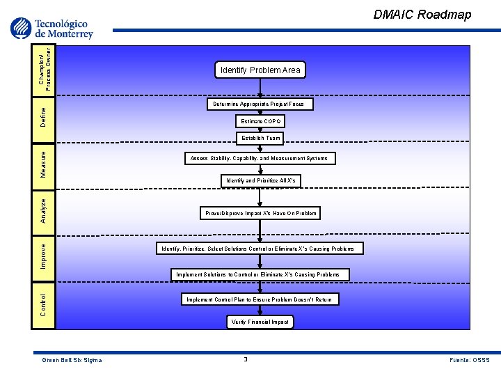 Champion/ Process Owner DMAIC Roadmap Identify Problem Area Define Determine Appropriate Project Focus Estimate