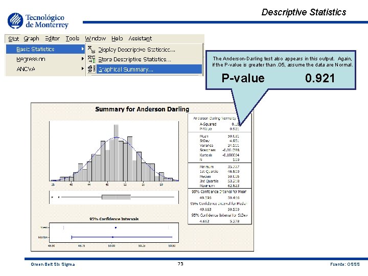 Descriptive Statistics The Anderson-Darling test also appears in this output. Again, if the P-value