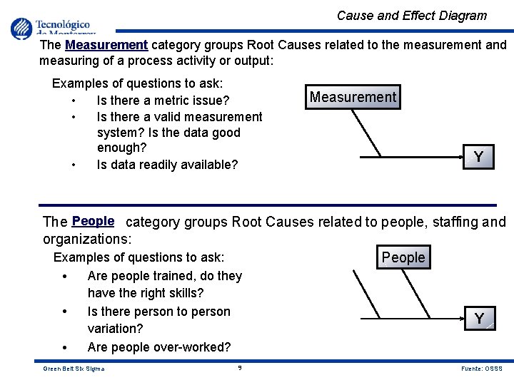 Cause and Effect Diagram The Measurement category groups Root Causes related to the measurement