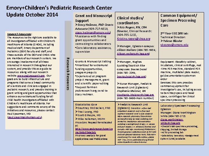 Emory+Children’s Pediatric Research Center Update October 2014 Grant and Manuscript Support Research Resources: The