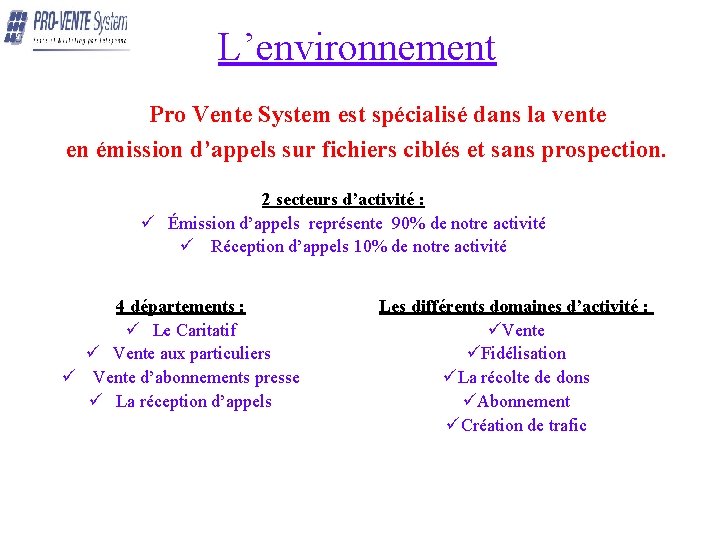 L’environnement Pro Vente System est spécialisé dans la vente en émission d’appels sur fichiers