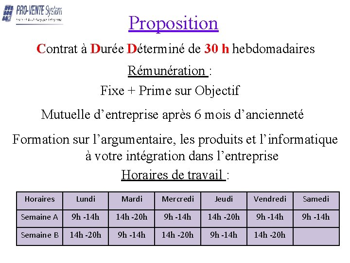 Proposition Contrat à Durée Déterminé de 30 h hebdomadaires Rémunération : Fixe + Prime