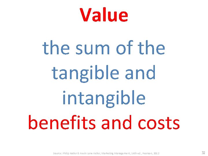 Value the sum of the tangible and intangible benefits and costs Source: Philip Kotler